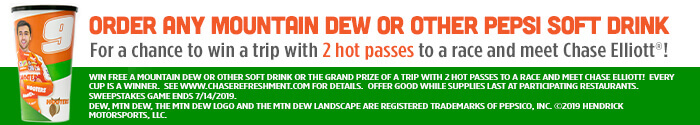 Order any mountain new or other pepsi soft drink. For a chance to win a trip with 2 hot passes to a race and meet Chase Elliott!